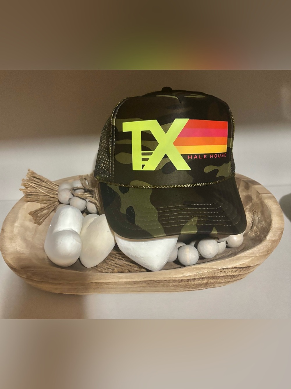 Camo Trucker Hat with Neon TX and Sunset Stripe